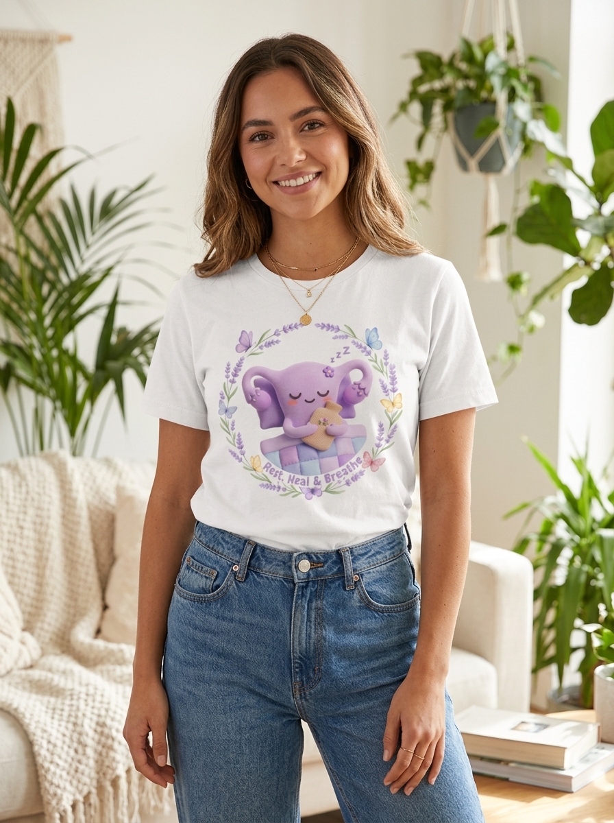 Camiseta 'Rest, Heal & Breathe' – Cute Uterus & Corona Floral